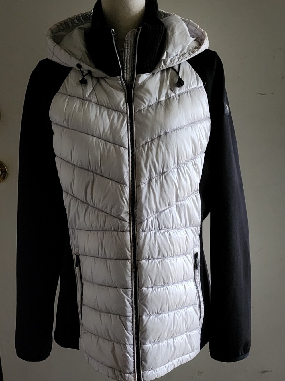 Calvin Klein White Quilted Hooded Jacket with Black Sleeves